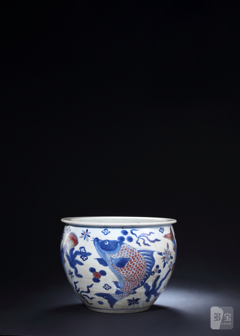 清早期青花釉里红鱼藻纹卷缸 - 图2